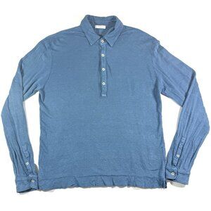 Boglioli Milano Mens Long Sleeve Polo Shirt Size Medium Blue Linen Made in Italy